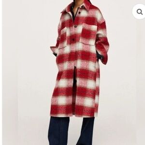 Mango Plaid Shirt Coat Red Black Cream Oversized Shacket Women’s M/L Wool Blend
